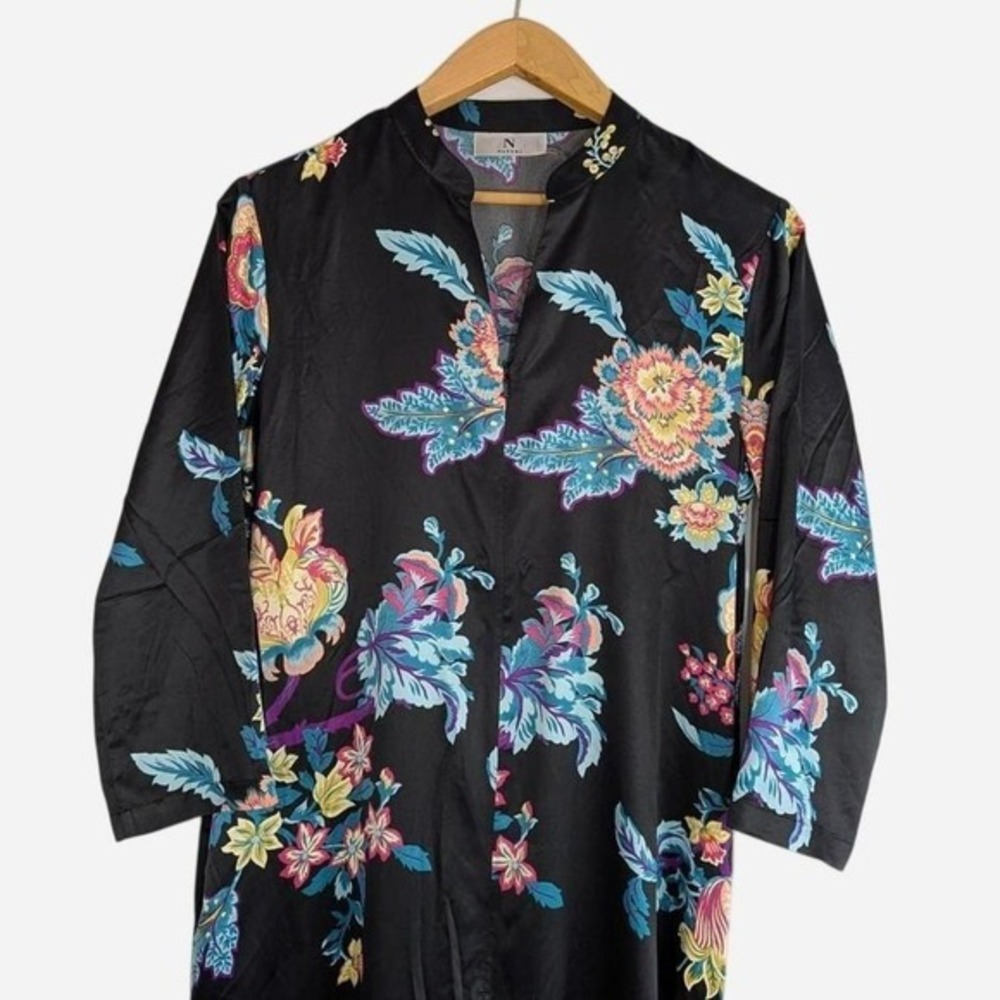 Natori Festival Satin Zip Caftan Black Floral 3/4 Sleeve Maxi Size Small - Picture 5 of 10